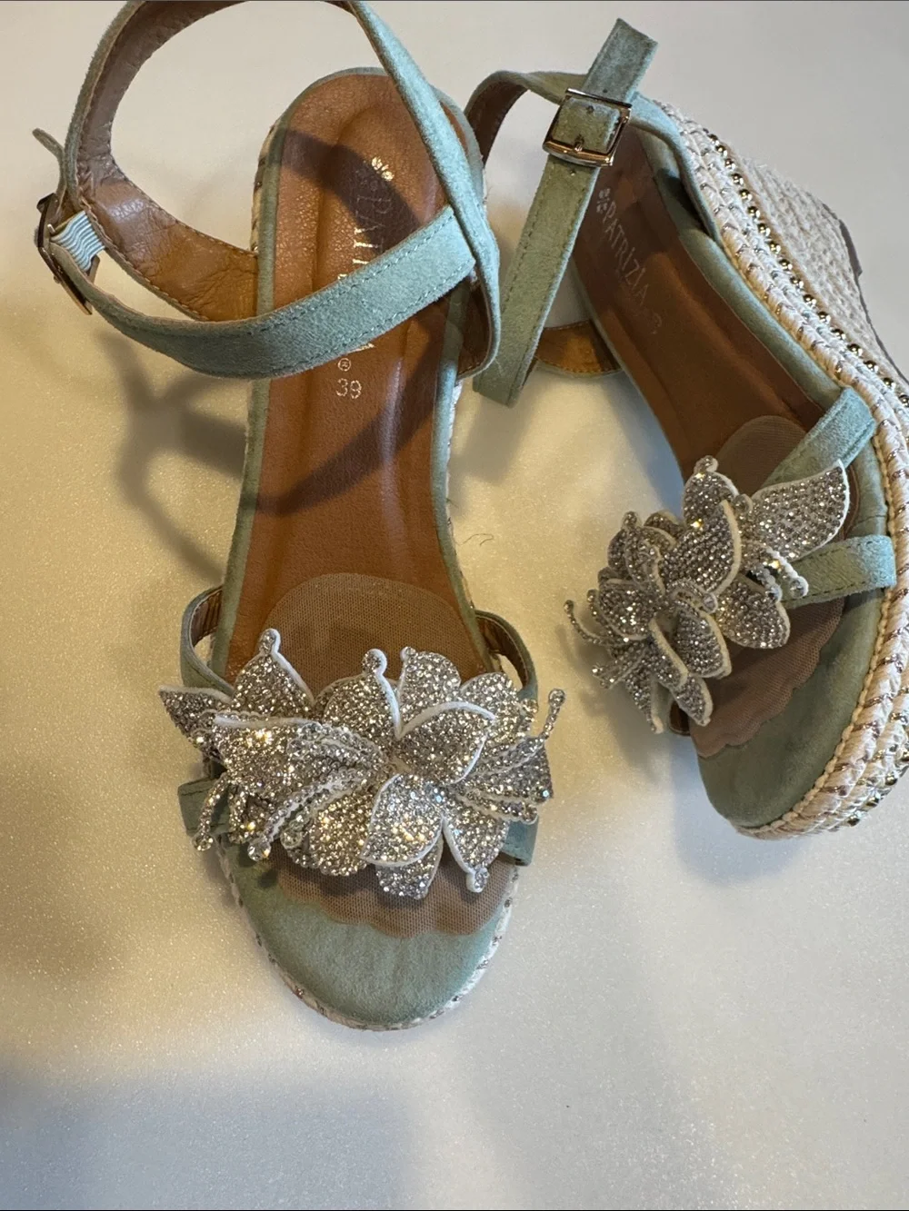 Embellished Mint Green Wedge Sandals - Women 8.5/ EU 39